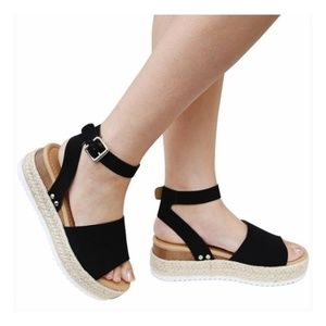 Black Ankle Strap Espadrille Platform Sandals